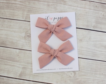 Rose Pink Linen Pigtail Bows, Baby Hair Clips (Set)