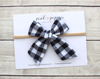 White and Black Gingham Bow  -  Nylon Headband or Alligator Clip  - Neutral Check Pattern