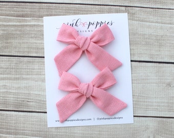 Blush Pink Pigtail Set, Pink Linen Hair Bows, Pink Baby Bows, Pink Linen Piggy Bows, Blush Hair Clips, Pink Pig Tail Clips, Pink Piggy Bows