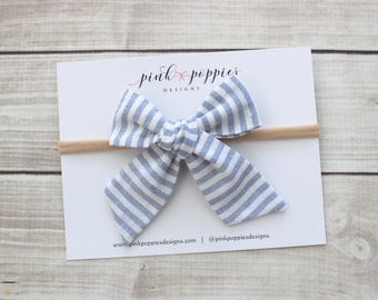 Striped Chambray Linen Hair Bow  -  3 Sizes - Soft Nylon Headband or Alligator Clip