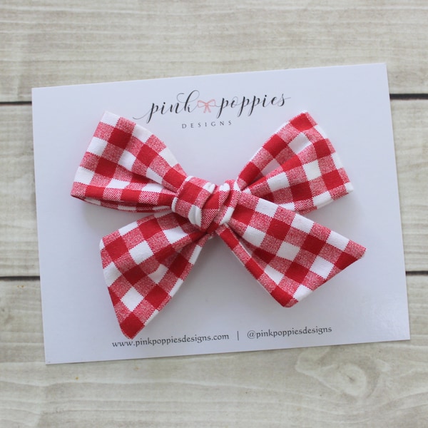 Red and White Gingham Hair Bow, Cotton Bow Headband, Hand Tied Hair Bow, Plaid Hair Clip, Baby Girl Headband, Bow Hair Clip, Plaid Headband