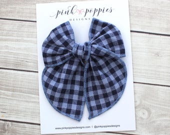 Blue Gingham Hair Bow  -  Fable Style  - Soft Linen Fabric - Hand-tied on Clip