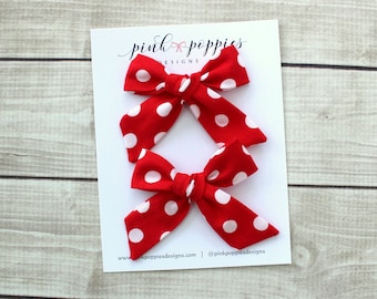 Set of Two Minnie Mouse Bows - Cotton, Handtied  -  For Pigtails or Sister Set