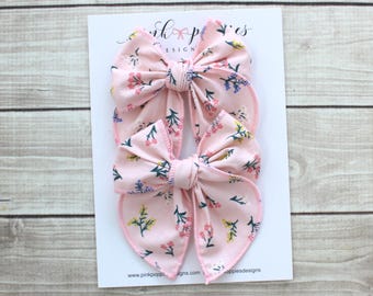 Blush Bouquet Pigtail Bows  -  Hand-tied on Alligator Clips - Rifle Paper Co Fabric
