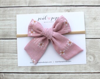 Pink Daisy Linen Hair Bow -  Nylon Headband or Alligator Clip