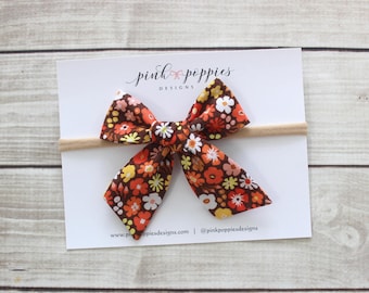 Fall Retro Floral Hair Bow  -  3 Bow Sizes  -  Nylon Headband or Alligator Clip