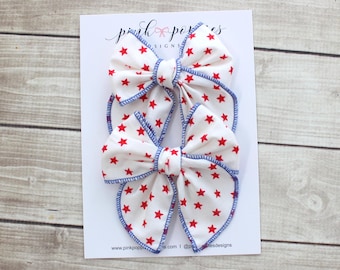 July 4th Pigtail Bows -  Set of Two  -  100% Cotton  -  Alligator Clips