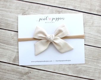 Ivory Baby Headband, Ivory Cotton Hair Bow, Newborn Headband, Nylon Headband, Cotton Hair Bow, Ivory Infant Headband, Baby Nylon Headband
