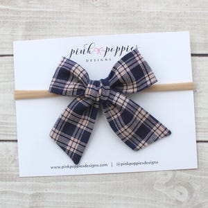 Navy Plaid Fall Hair Bow  -  Nylon Headband or Alligator Clip - 3 Sizes Options