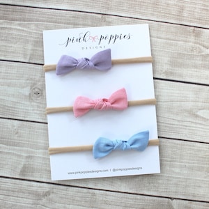 Newborn Knot Bow Set, Baby Girl Headbands, Baby Shower Gift, Nylon Headbands, Baby Headband Set, Newborn Headbands, Pink Linen Bow