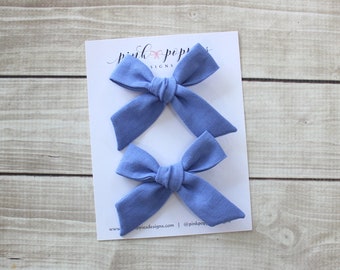 Periwinkle Pig Tail Bows, Blue Baby Bows, Blue Pig Tail Bows, Linen Baby Bows, Baby Pigtail Bows, Blue Linen Bows, Periwinkle Hair Clips