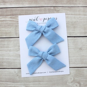Baby Blue Linen Pigtail Bows, Blue Linen Bows, Light Blue Hair Bows, Blue Linen Piggy Bows, Blue Hair Clips, Blue Pig Tail Clips, Blue Clips