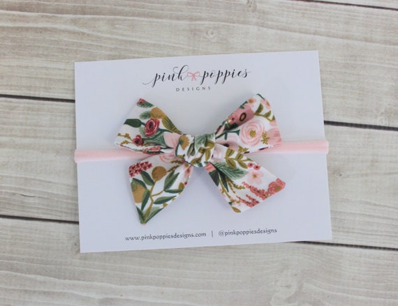 Floral Bow Headband, Rifle Paper Co Hair Bow, Baby Girl Headband, Pink Floral Hair Bow, Nylon Headband, Cotton Hair Bow, Hand-tied Bow