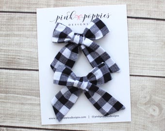 Neutral Gingham Hair Bows -  Set of Two Piggy Clips  -  Black and White Check