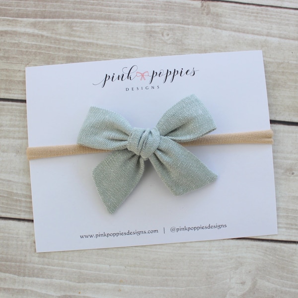 Seafoam Baby Headband, Green Cotton Hair Bow, Newborn Headband, Nylon Headband, Cotton Hair Bow, Infant Headband, Baby Nylon Headband
