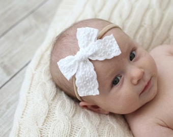 White Cotton Lace Hair Bow  -  Nylon Headband for Babies -   Alligator Clip for Girls