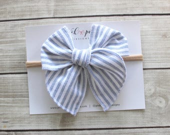 Chambray Stripe Baby Bow Headband, Linen Fable Style, Hand-Tied (3.5" x 3.5")