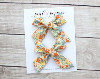 Retro Floral Pigtail Bows  -  Set of Two Bows on Alligator Clips