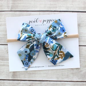 Blue and Black Floral Hair Bow Black Satin Hair Bow, Black Floral Hair Bow, Floral Jacquard  main image 2