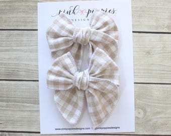 Neutral Gingham Pigtail Bows - Plaid Piggy Clips  - Linen Fable Bow Set