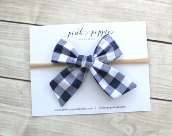 Navy Gingham Hair Bow, Patriotic Headband, Plaid 4th of July Bow, Navy Gingham Headband, USA Hair Bow, Blue and White Bow, USA Headband