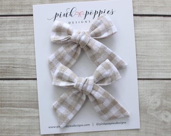 Neutral Plaid Bow Set - Linen Pigtail Hair Bow - Toddler and Girls