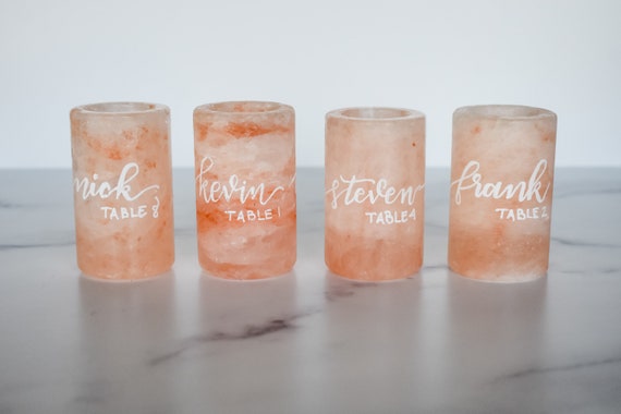 Shot Glass Escort Cards Bridesmaid Gift Tequila Shot Glasses Tequila Gift Monogram Initial Himalayan Pink Salt Shot Glasses