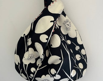 Handmade traditional knot bag/ Japanese floral print fabric bag/ Japanese knot bag/ Black and white bag