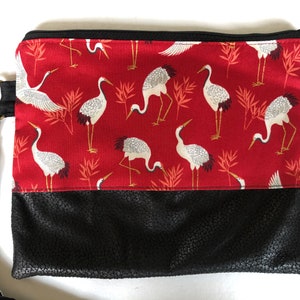 Handmade Japanese fabric zip pouch with detachable strap /Japanese fabric zip pouch/ lucky Crane print zip pouch