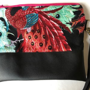 Handmade Japanese fabric zip pouch with detachable strap /Japanese fabric zip pouch/ Peacock print zip pouch