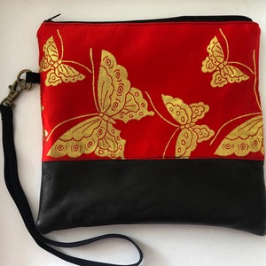 Handmade vintage silk kimono zip pouch with detachable strap/ kimono zip pouch/ butterfly zip pouch