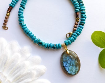 Labradorite Pendant Beaded Turquoise Necklace, Southwestern, Bohemian Gift For Women