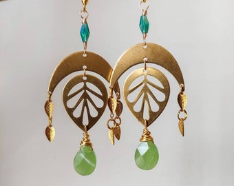 Green Jade Gold Leaf Earrings, Boho Gifts for Her, Gifts For sister, Geometric Gemstone Earrings, Nature Inspired Jewelry