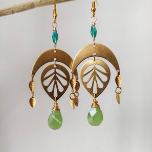 Green Jade Gold Leaf Earrings, Boho Gifts for Her, Gifts For sister, Geometric Gemstone Earrings, Nature Inspired Jewelry