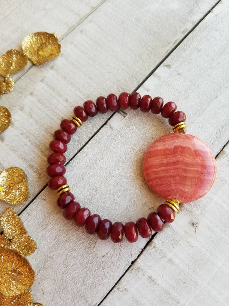 Beaded Dyed Red Ruby Pink Gemstone Bohemian Chic Stretch Stacking Statement Bracelet Gift