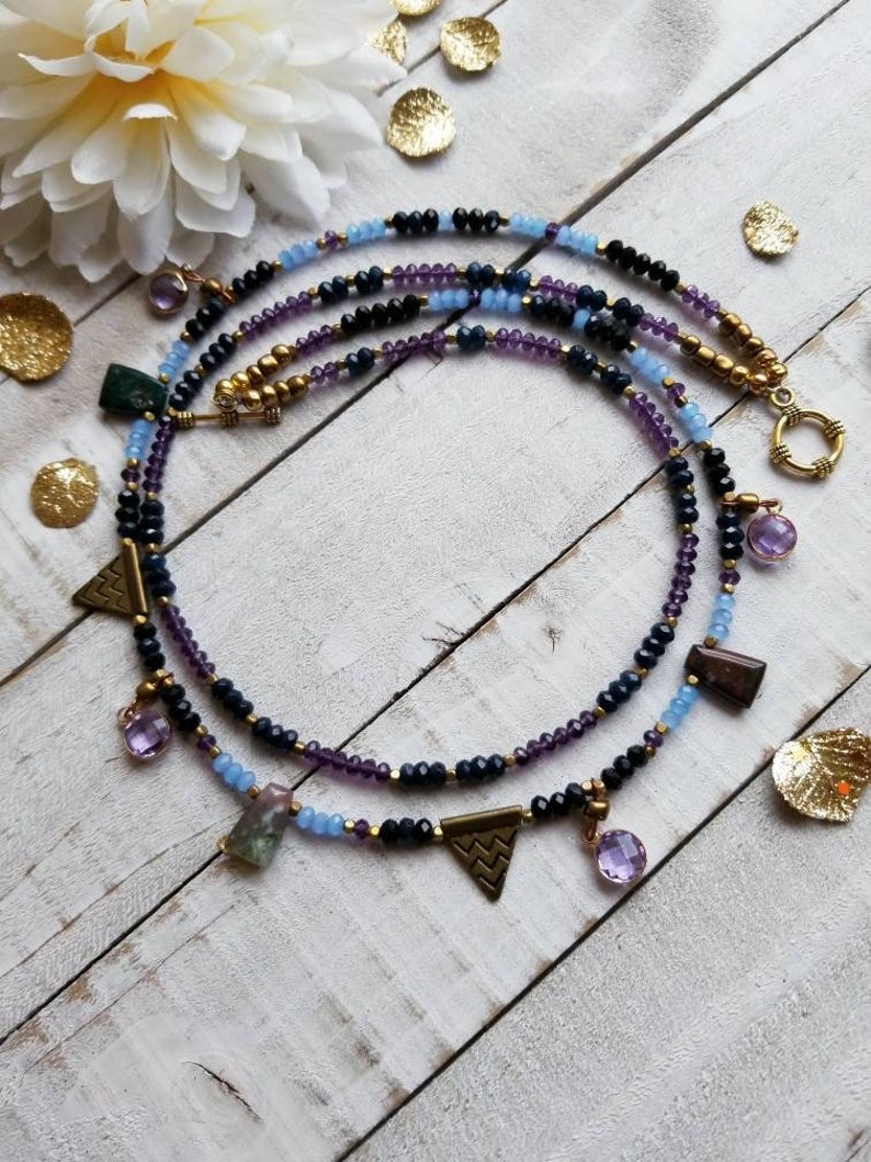 Two Strand Agate Crystal Bohemian Multi Gemstone Tribal Chic Layering Necklace Gift