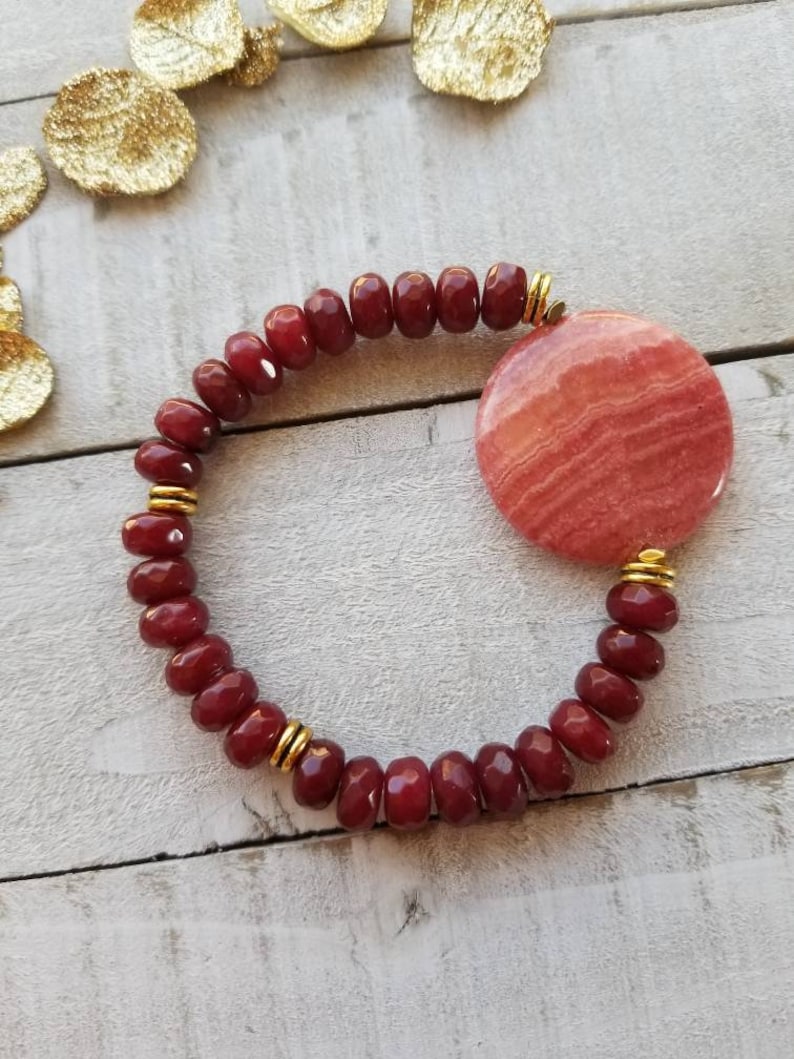 Beaded Dyed Red Ruby Pink Gemstone Bohemian Chic Stretch Stacking Statement Bracelet Gift