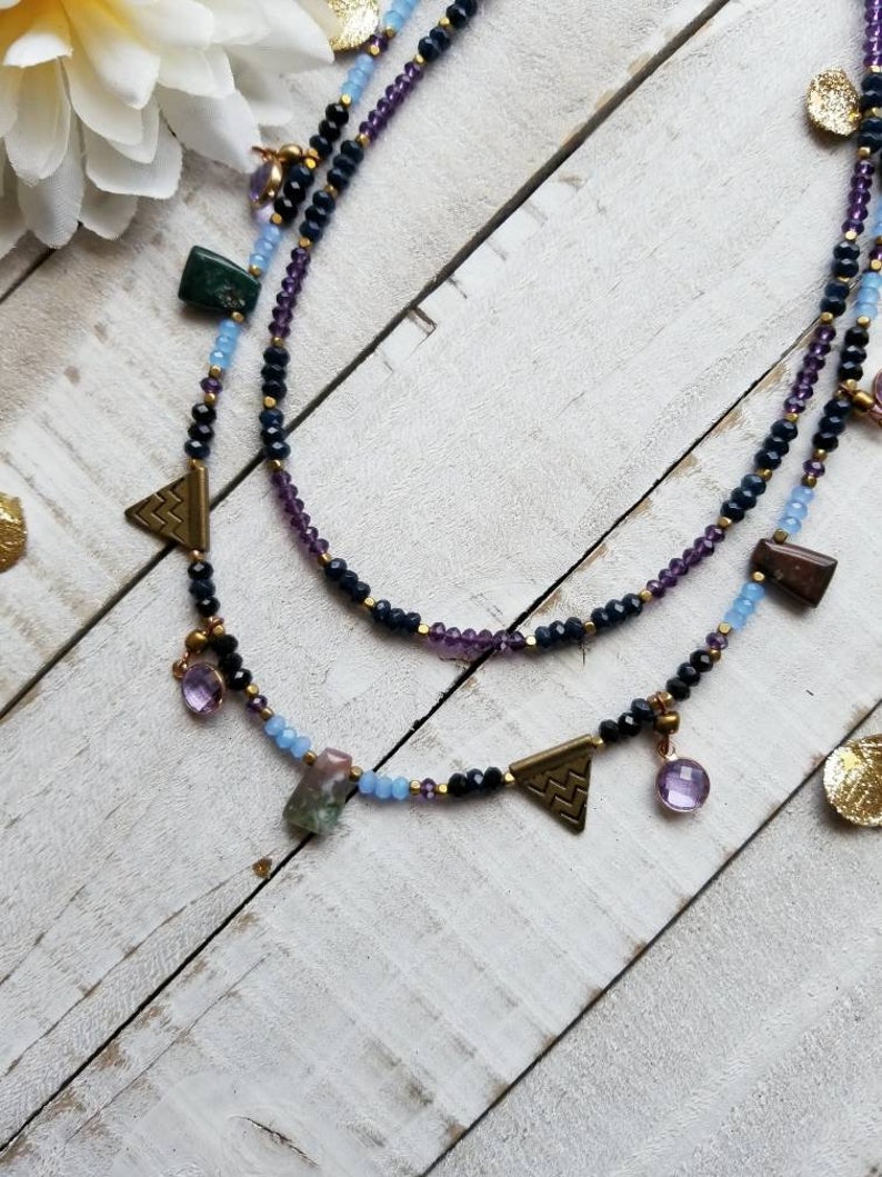 Two Strand Agate Crystal Bohemian Multi Gemstone Tribal Chic Layering Necklace Gift