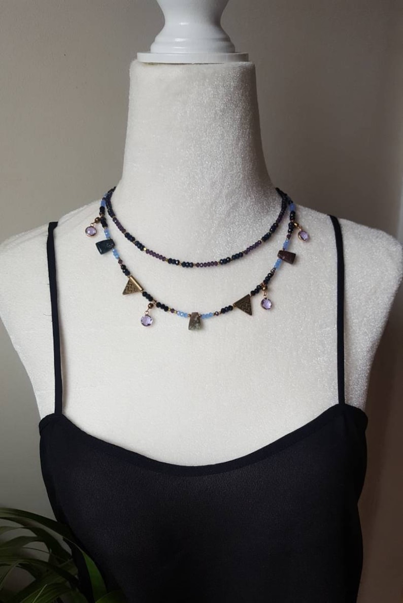 Two Strand Agate Crystal Bohemian Multi Gemstone Tribal Chic Layering Necklace Gift