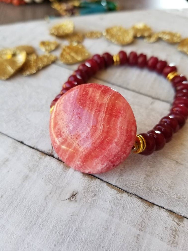 Beaded Dyed Red Ruby Pink Gemstone Bohemian Chic Stretch Stacking Statement Bracelet Gift