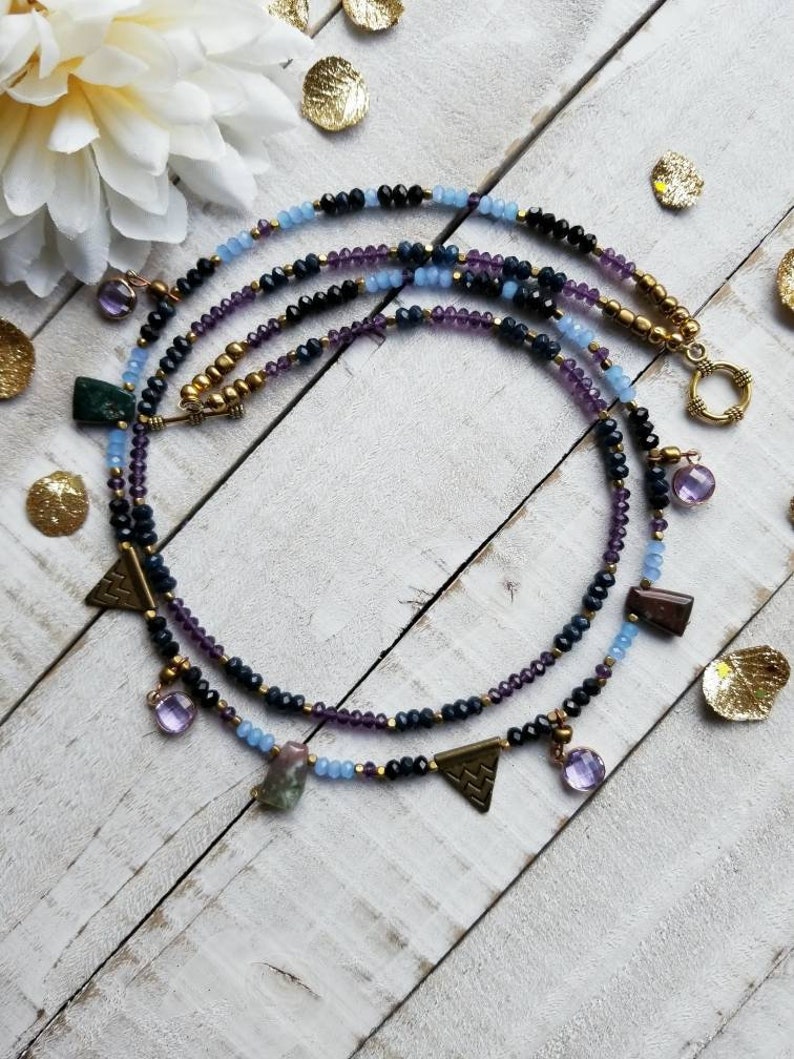 Two Strand Agate Crystal Bohemian Multi Gemstone Tribal Chic Layering Necklace Gift