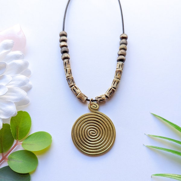 Spiral Pendant Leather Necklace, Afrocentric Necklace, Statement Jewelry, Gifts For Her
