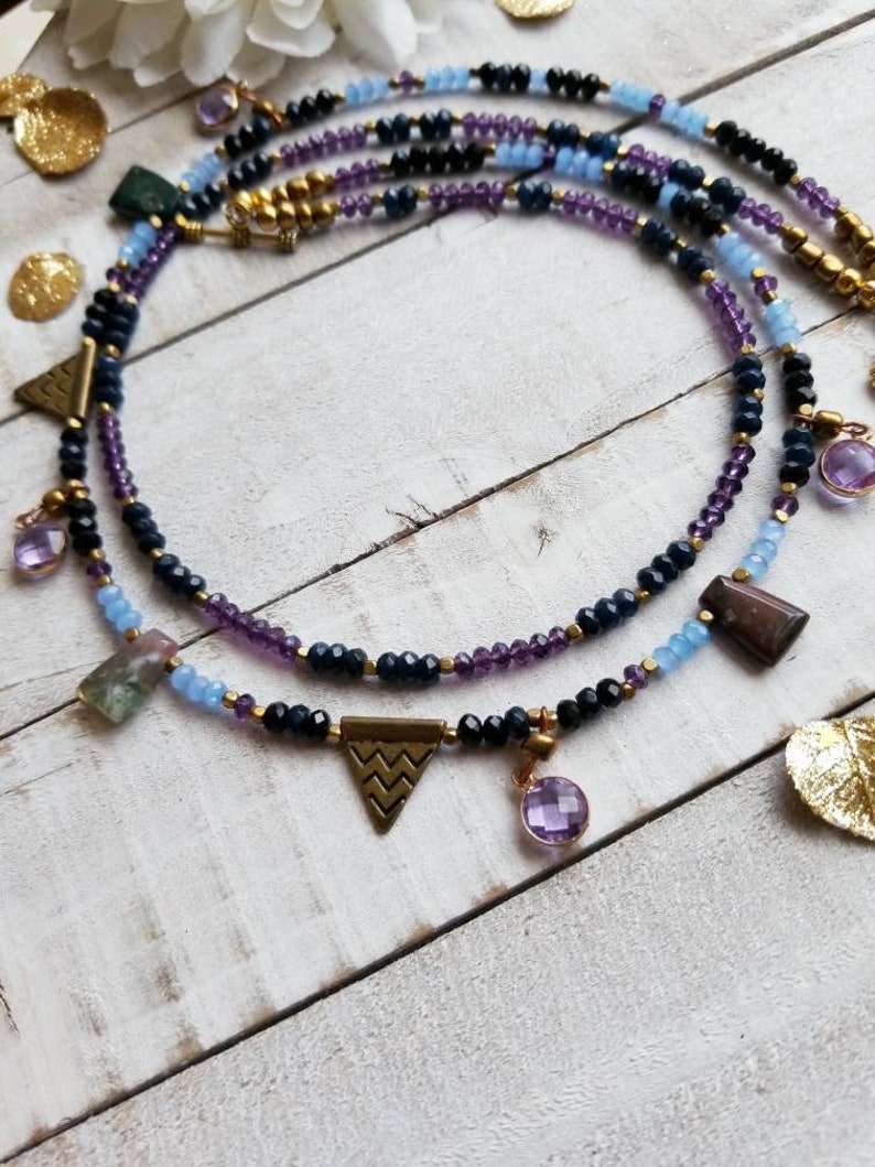 Two Strand Agate Crystal Bohemian Multi Gemstone Tribal Chic Layering Necklace Gift