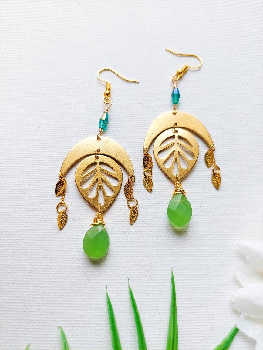 Orecchini Pendenti Boho In Giada Verde E Perline – Gioielli Artigianali Per Donne - 2