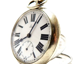 Antike Taschenuhr OMEGA, Handaufzug, offenes Gesicht, um 1910, Edelstahlgehäuse, 55 mm, Unisex, Geschenk Geburtstag, funktioniert