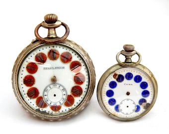 Antique Pocket, Two Pocket Watches, REGULATEUR, CYMA, Pocket Open Face, Case Stainless Steel, Dial Porcelain, Unisex, To Restore Parts Y1