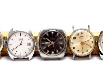 Lot 5 Uhren, Uhr Vintage, Armbanduhr, Uhr Mechaniker Automatik, Lot Uhren, Gehäuse Stahl, 1950c, Uhr Unisex, Teile, Revisionsbedarf