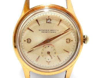 Vintage Watch, RONDEX Watch, 17 Jewels, Hand Winding, 37mm, Circa 1950, Case Gold Plated, Not Working, Needs Review