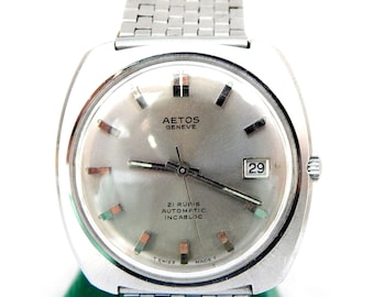 Vintage Watch, AETOS Genve, Watch Automatic, Self Winding, Case Stainless Steel, 37mm, Watch Men, 1970c, Gift Birthday, Anniversary, Unisex