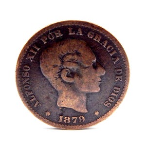 Collection de pièces de monnaie, cinq centimos Espagne, pièce de monnaie Alphonse XII, année 1879, Por La Gracias de Dios, 25 mm, matériau bronze, monnaie de collection